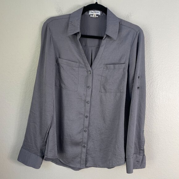 Express Portofino Shirt Womens Medium Slim Fit Gray Crinkled Roll Tab Sleeve Top - Picture 1 of 7